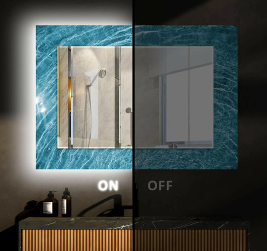 A sea wave wall mirror features a blue water ripple design and an illuminated side reflecting a shower interior and an ON sign