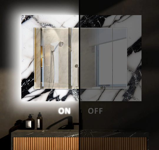 Black Frame Mirrors with a striking black and white marble pattern featuring backlighting on one side reflecting a shower in a modern bathroom