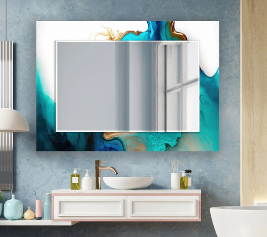 Decorative Wall Mirror featuring an abstract marble design in blue white and gold reflecting a window ideal for artistic elegance and luxury design