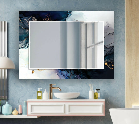 Vividly patterned frame makes this large wall mirror an eye-catching bathroom mirror, adding artistic decor and reflective light above the white sink.