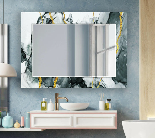 Lighted Bathroom Mirrors featuring a horizontal abstract golden black smoke pattern and elegant gold and black design above a bathroom vanity