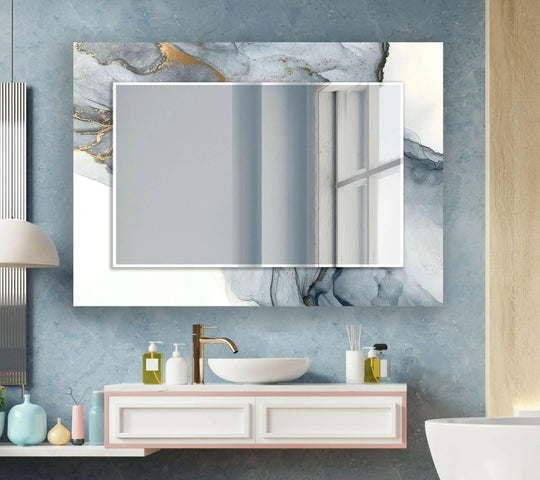 Large Wall Mirrors with a gray and white marble pattern and gold veining reflects modern luxury and abstract design
