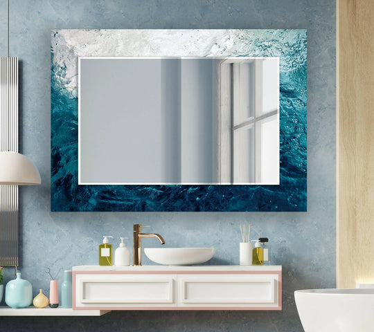 Blue Sea Waves Decorative Wall Mirrors features a vibrant ocean waves design and coastal-inspired abstract art with horizontal orientation and a reflective surface