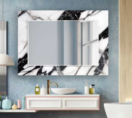 Wall Mirror with a black and white marble pattern featuring modern elegance silver glitter accents and a horizontal abstract design