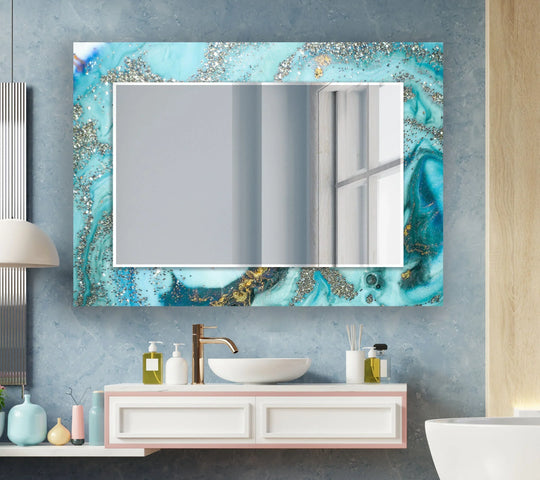 Golden Blue Wall Mirrors display an abstract blue gold and silver glitter design making an elegant decorative accent perfect as bathroom mirrors