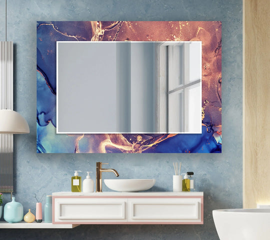 A modern wall mirror featuring a vibrant purple and red marble and abstract design with blue tones and golden accents for elegant decor