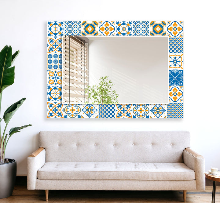 White and Dark Blue Mosaic Design Wall Mirror Bedroom Mirror
