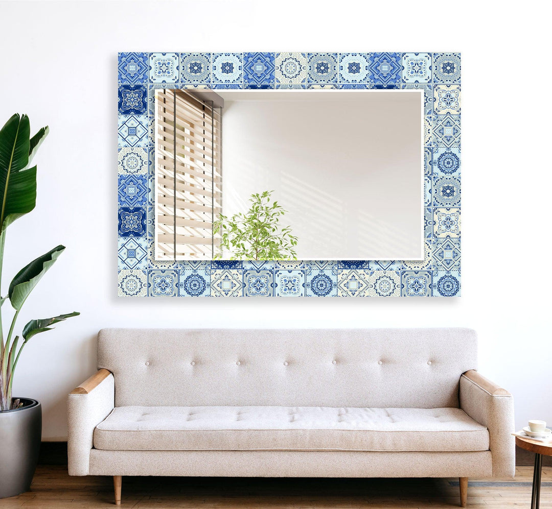 Dark Blue & White Mosaic Wall Mirror oversized mirror
