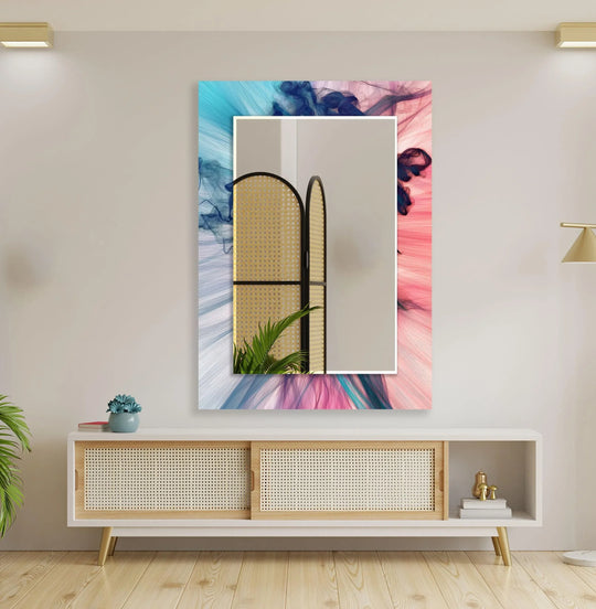 Pink and Blue Abstract Wall Mirror displaying an artistic abstract design in vibrant pink and blue tones with a white frame