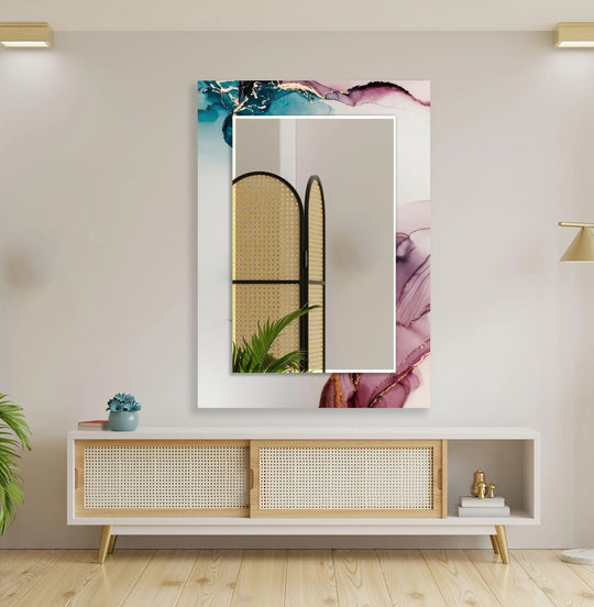 Pink Marble Design Wall Mirror displays an abstract design in pink teal and gold on tempered glass for elegant artistic decor