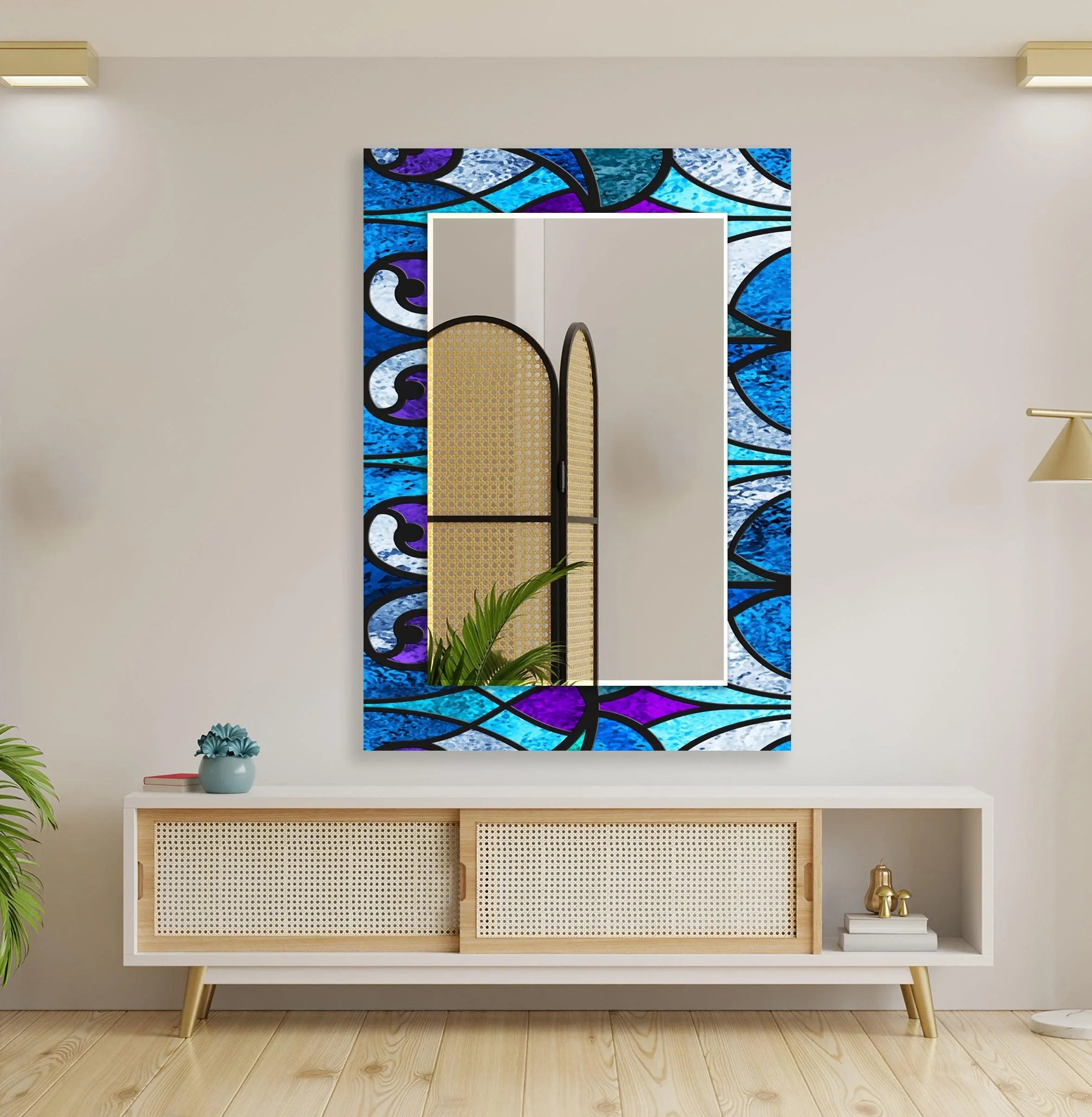 Geometric Lines Blue Wall Mirror – Stunning Stained Glass Design