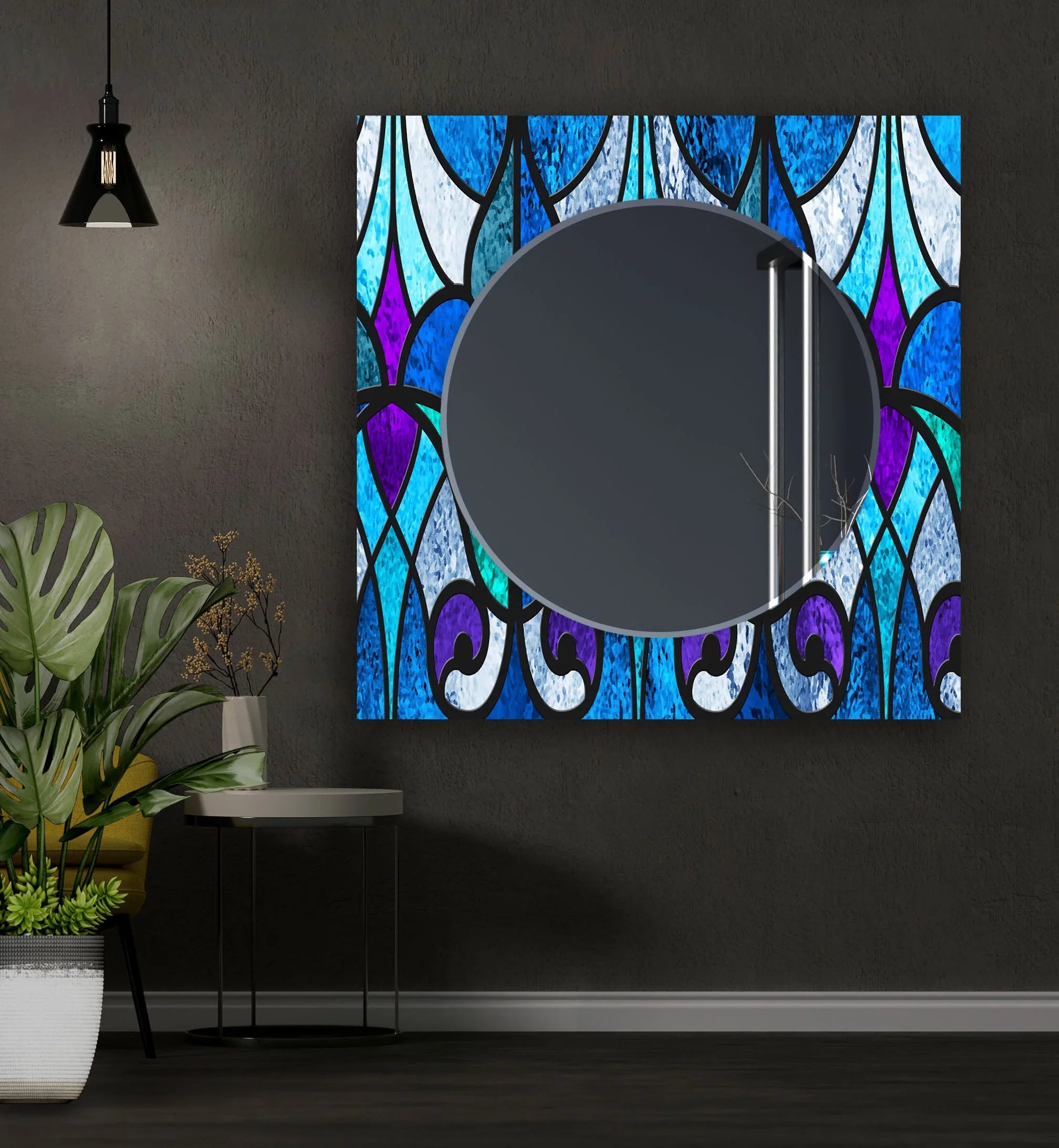 Geometric Lines Blue Wall Mirror – Stunning Stained Glass Design