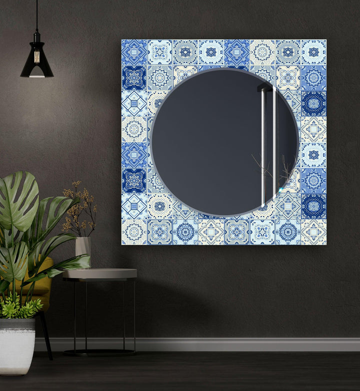 Dark Blue & White Mosaic Wall Mirror white mirror
