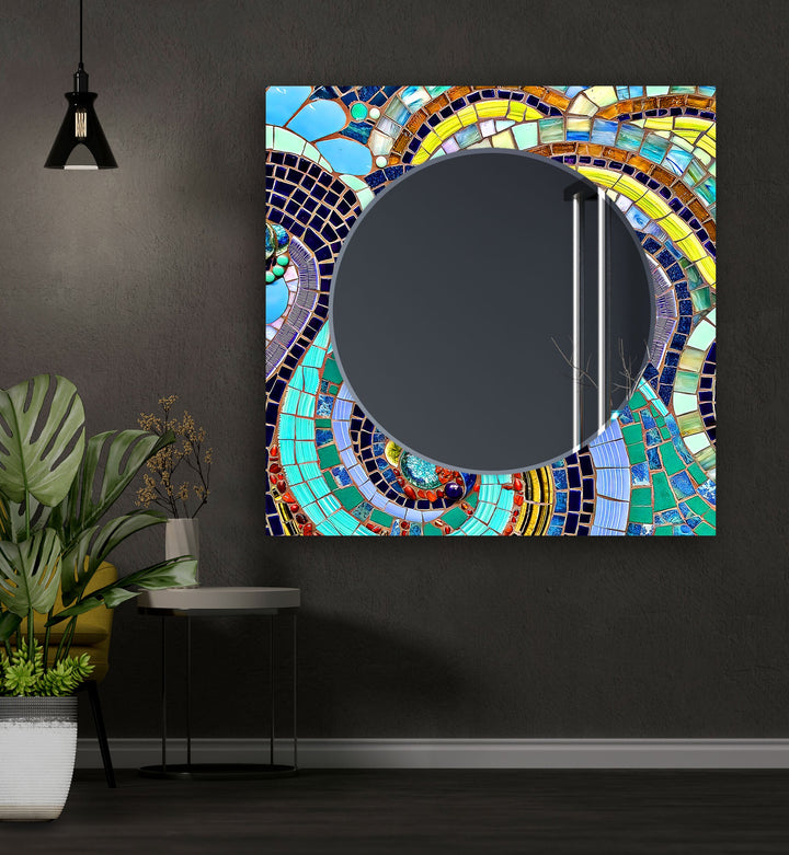 Colored Mosaic Stones Abstarct Wall Mirror Round Mirror

