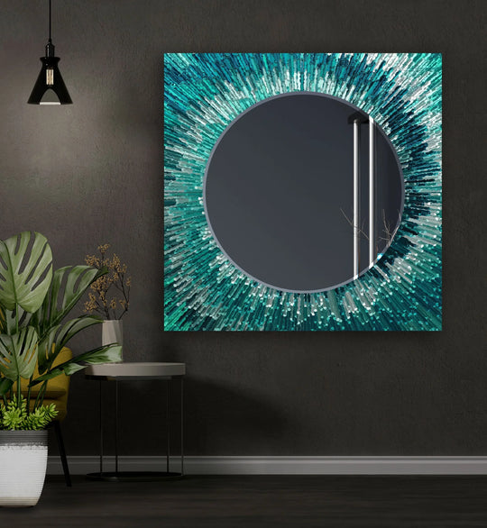 Decorative Wall Mirrors featuring an abstract turquoise splash design in radiating teal and blue tones with a round mirror