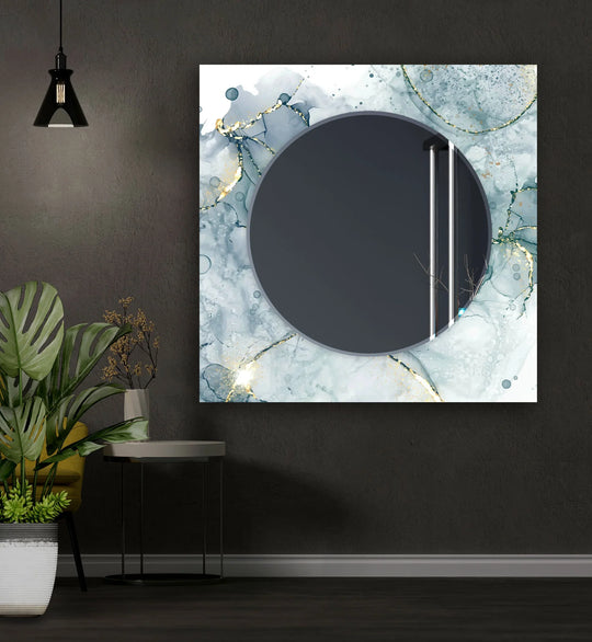 Grey Bathroom Mirror featuring a circular reflective surface and abstract grey marble with golden details for a modern elegant accent