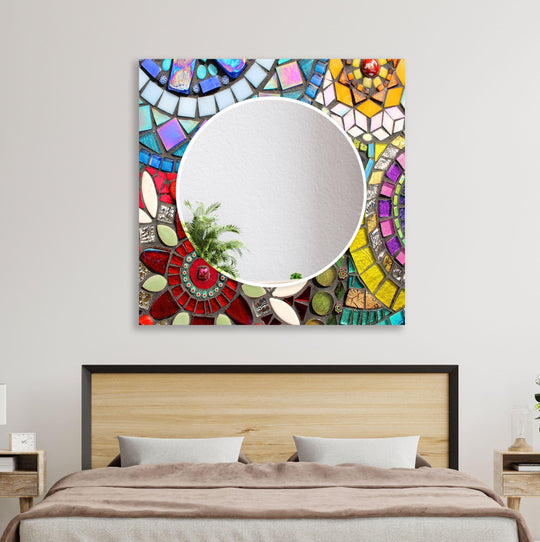 The stained glass wall mirror features a colorful mosaic design with red and blue hues and is a decorative wall mirror perfect for artistic home decor on a wall