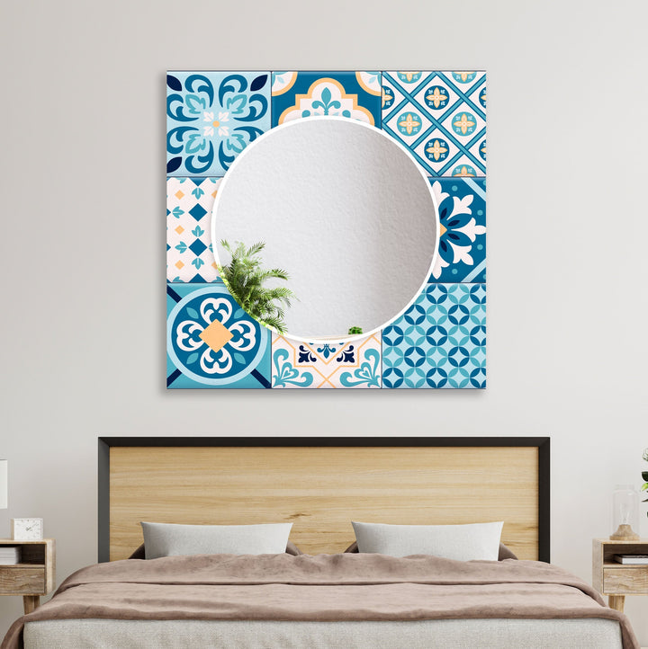 Mosaic Blue Design Wall Mirror black frame mirror
