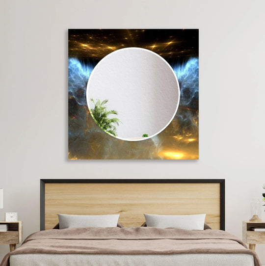Black Gold Space wall mirror featuring a round reflection of a plant and abstract cosmic wall decor in striking gold and blue