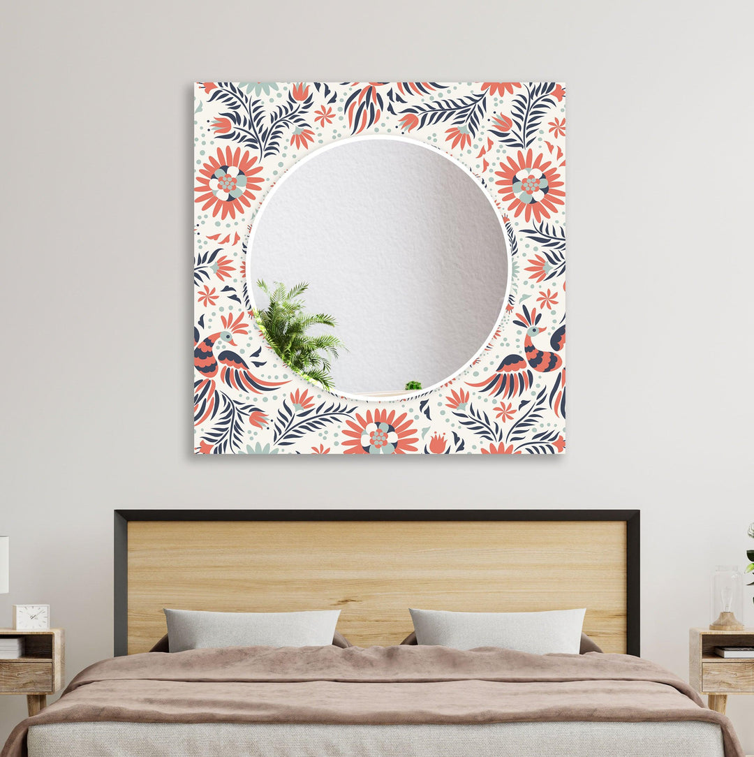 White & Orange Flowers Round Wall Mirror 
