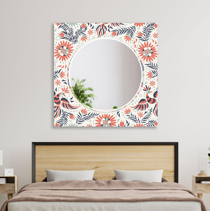 White & Orange Flowers Round Wall Mirror 