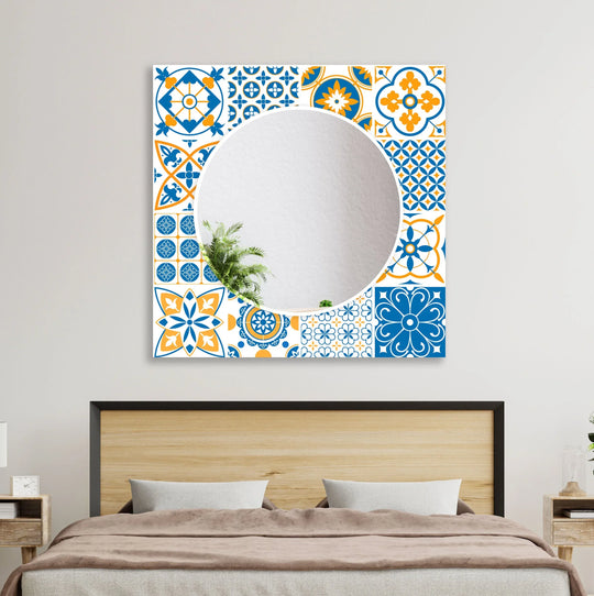White and Dark Blue Mosaic Design Wall Mirror Gold Mirror
