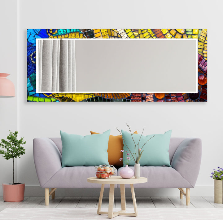 Stained Blue Round Wall Mirror Wood Mirror
