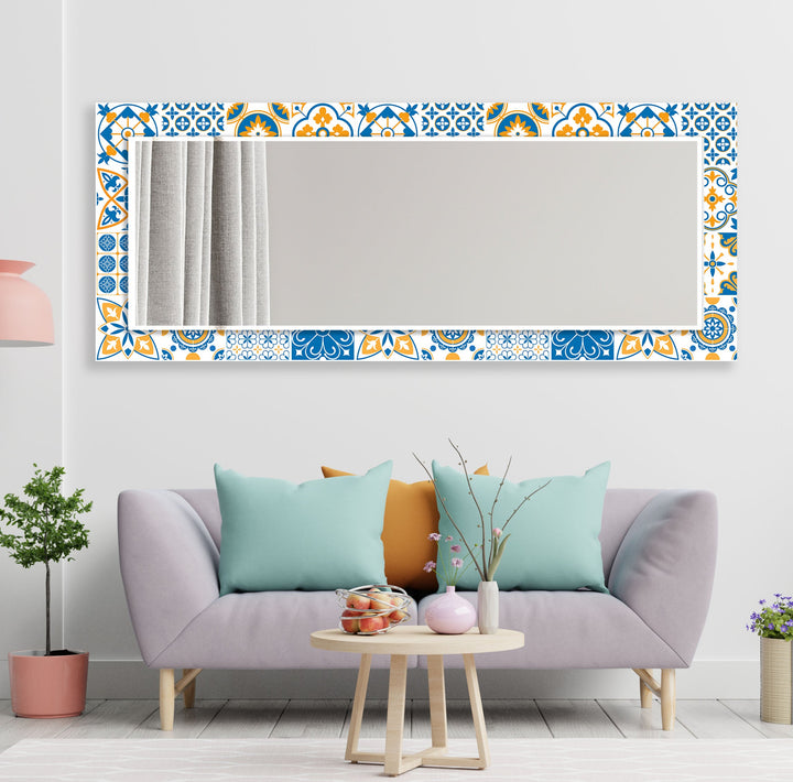 White and Dark Blue Mosaic Design Wall Mirror Long Mirror
