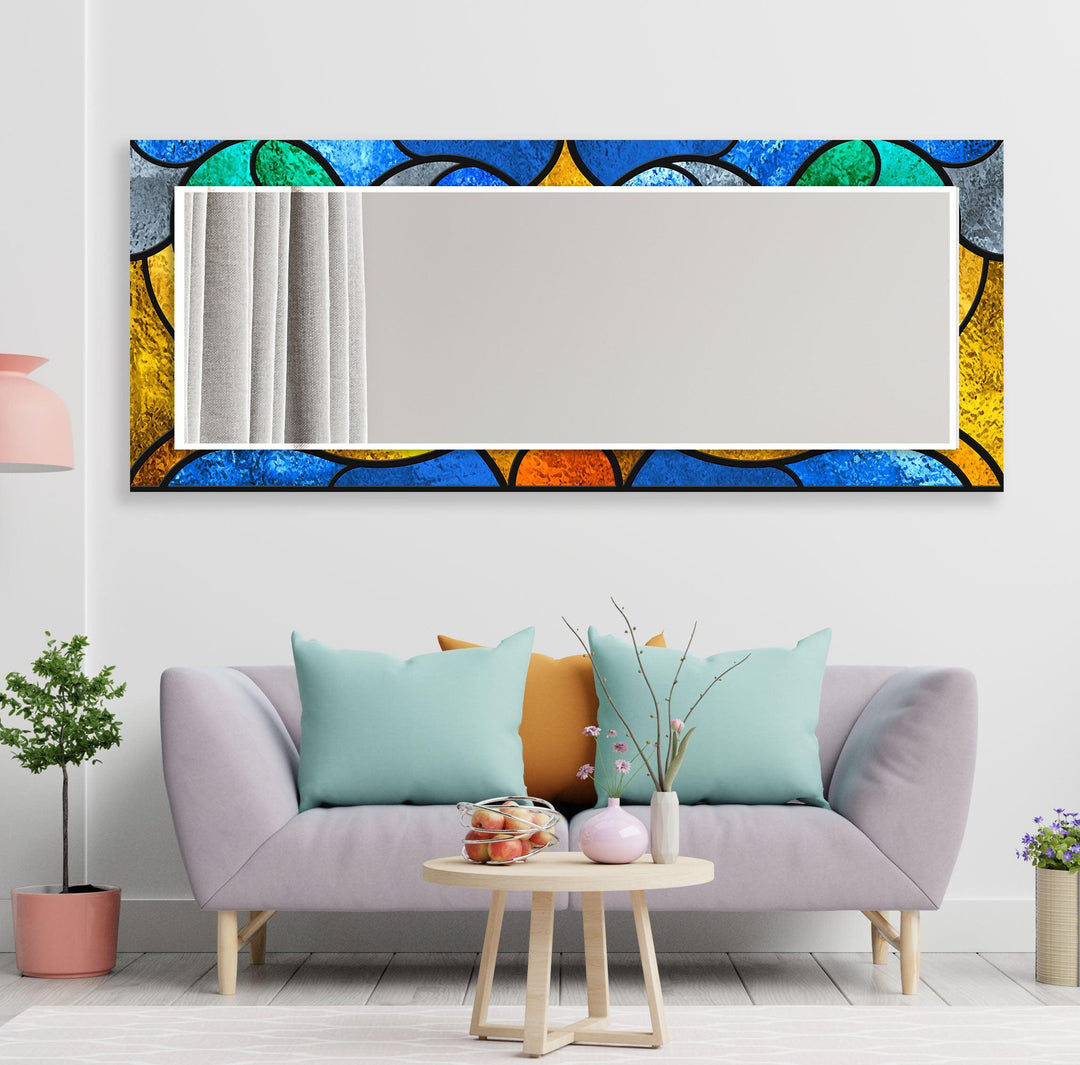 Stained Yellow & Blue Wall Mirror Round Mirror
