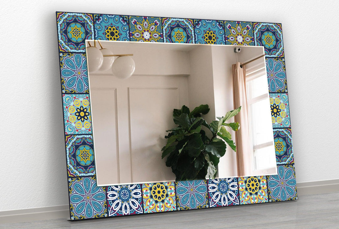 Mosaic Yellow Blue Round Wall Mirror mirrors in black
