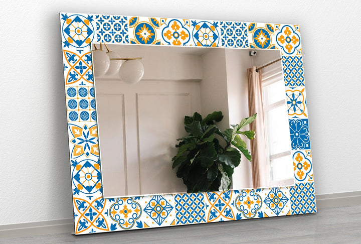 White and Dark Blue Mosaic Design Wall Mirror Round Mirror
