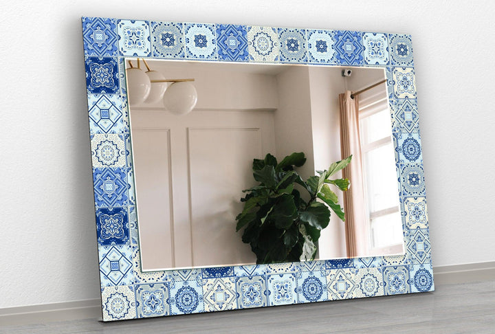 Dark Blue & White Mosaic Wall Mirror white framed mirror
