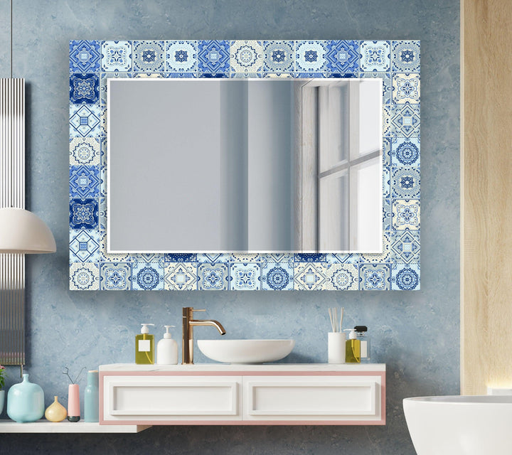 Dark Blue & White Mosaic Wall Mirror gold frame mirror
