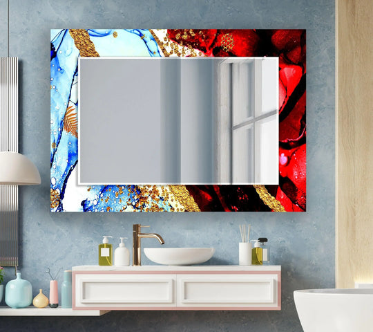 Stained Blue & Red Golden Wall Mirror Abstract Mirror
