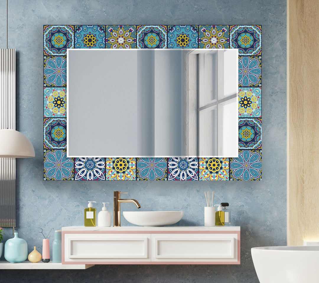 Mosaic Yellow Blue Round Wall Mirror Abstract Wall Mirror
