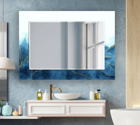 Horizontal glass wall mirror featuring golden striped patterns on deep blue and light blue watercolor designs and an artistic abstract mirror