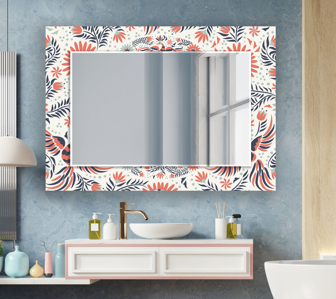 White & Orange Flowers Round Wall Mirror Decorative Wall Mirror
