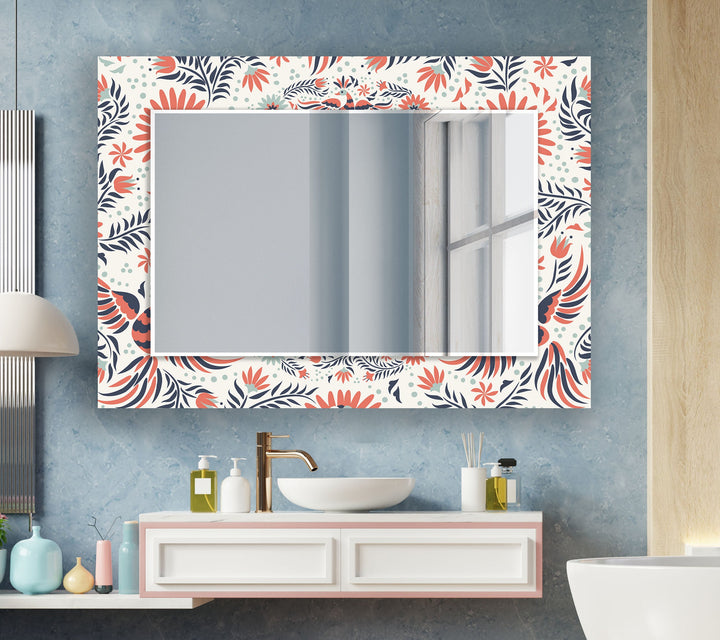 White & Orange Flowers Round Wall Mirror Decorative Wall Mirror
