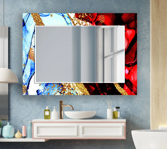 A horizontal wall mirror with abstract golden red and blue designs and gold accents a stunning artistic luxury glass bathroom mirror