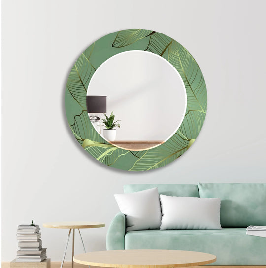 Wall mirror with a round green frame and golden leaf pattern reflecting interior decor a beautiful nature-inspired Abstract Mirror