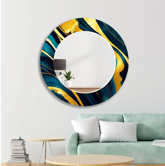 Green Golden Round Wall Mirror showing a rich abstract design in gold and teal green on a white wall above a sofa