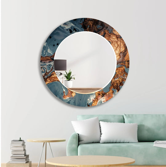 Copper Abstract Marble Wall Mirror featuring round glass with teal and copper glitter abstract patterns on a white wall