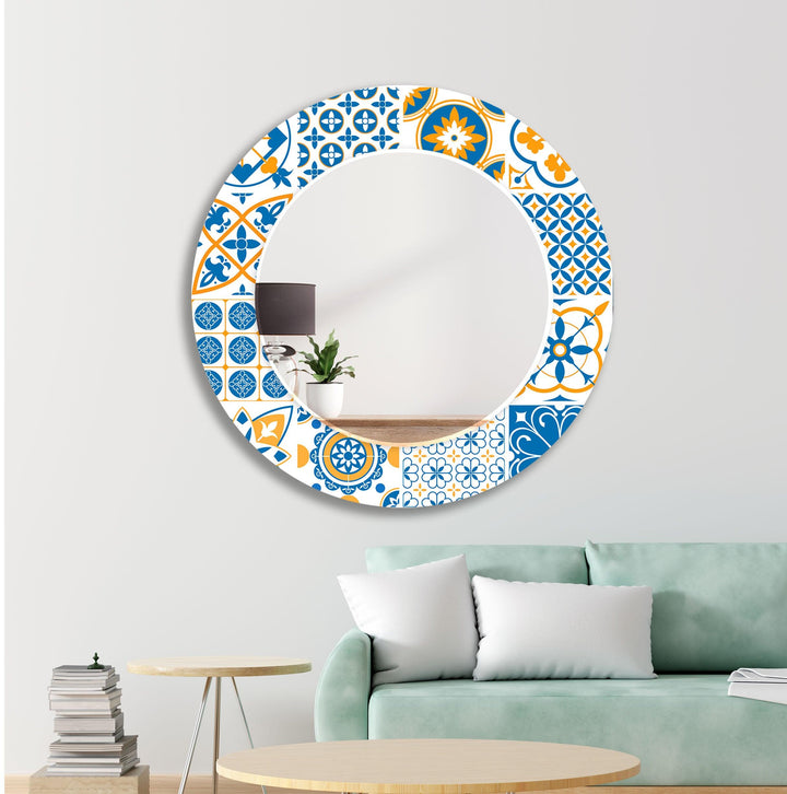White and Dark Blue Mosaic Design Wall Mirror Entryway Mirror
