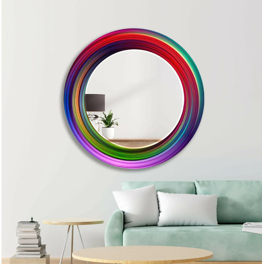 Wall mirror with colored circles in a vibrant rainbow frame an abstract mirror design and a bright art piece on a white wall