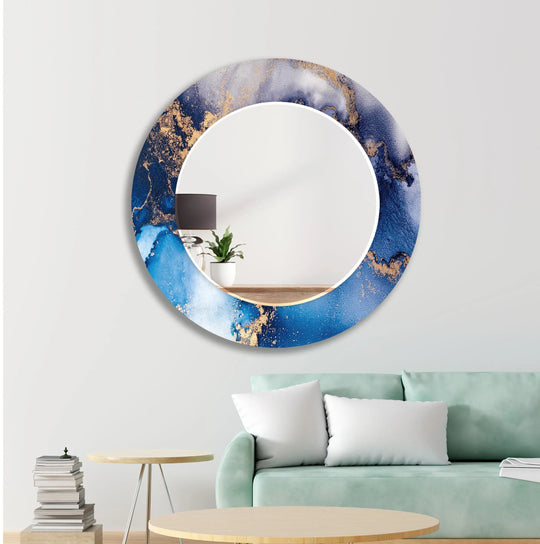 Blue Round Bathroom Mirror with an elegant blue and gold abstract design a circular statement piece and tempered glass