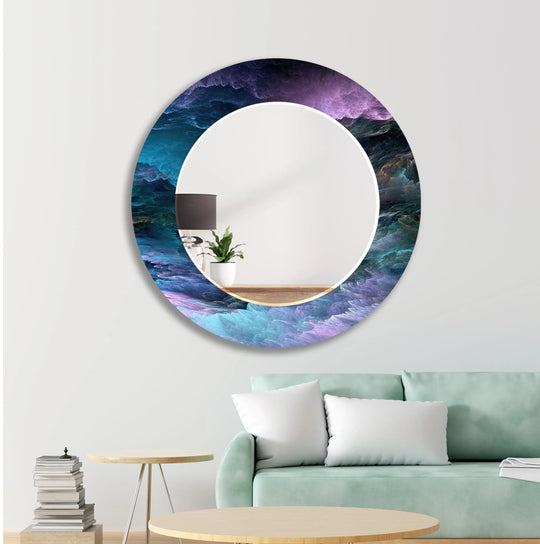 Blue and Purple Clouds Modern Mirror featuring abstract waves and beautiful colors crafted from tempered glass on a bright wall