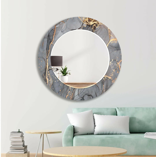 Decorative Wall Mirrors with a gray and golden abstract border reflecting a room with a couch and lamp an elegant huge wall mirror