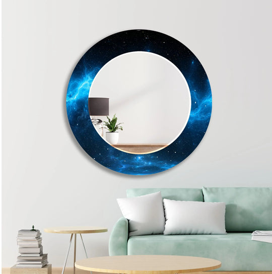 Lighted Bathroom Mirrors round with black and blue abstract space design blue lightning and stars tempered glass