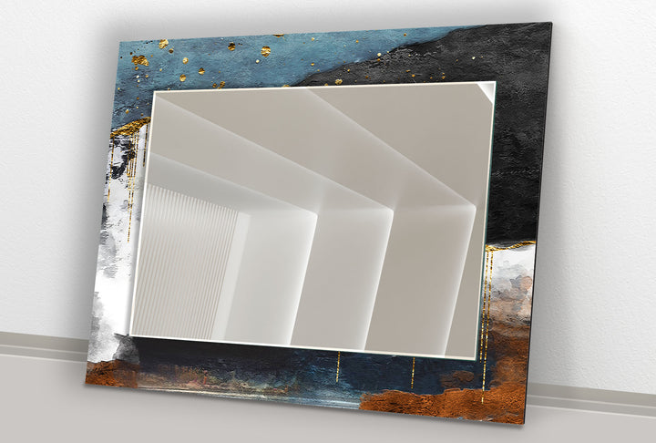 Luxury Textured Glass Wall Mirror – Abstract Blue & Gold Accent