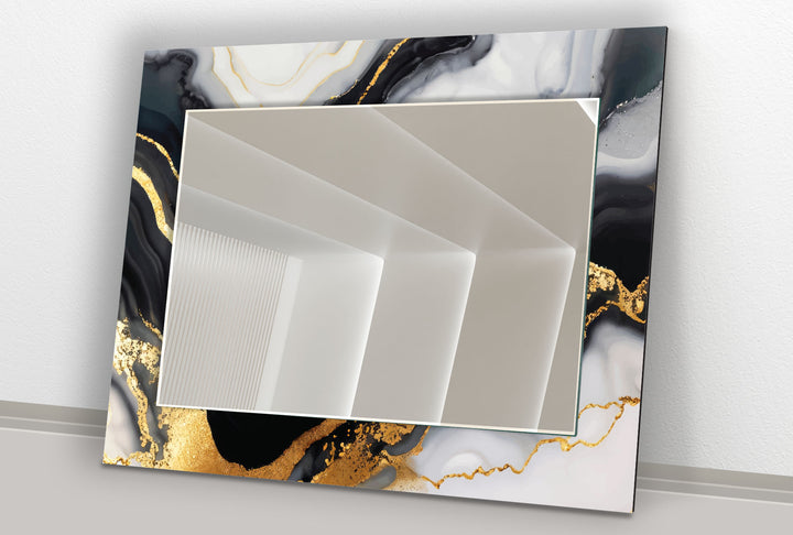 Black & Gold Marble Glass Wall Mirror – Modern Luxury Bathroom Accent